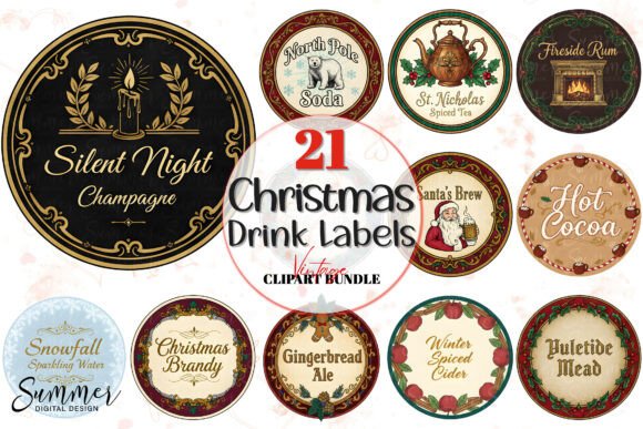 Download Vintage Christmas Round Drink Labels PNG - Premium Resources